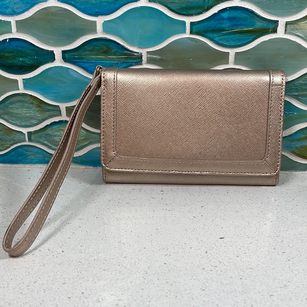 Neiman Marcus Gold Phone Holder Card Holder Wristlet Purse Bag